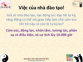 Việc của nhà đào tạo!
Giả sử nhà đào tạo, tạo động lực dạy trẻ tự kỷ,
tăng động có thể nói,giao tiếp làm chủ cảm xúc
tốt trẻ này có còn bị tự kỷ ko?
Cảm xúc, động lực, nhân tâm, tương tác, phản
xạ có điều kiện, và sự tích lũy 10.000 giờ
Awaken You Wonderful We
awakenyouwonderfulwe.com
 