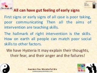 All can have gut feeling of early signs
First signs or early signs of all case is poor taking,
poor communicating Then all the aims of
intervention are teaching skills.
The hallmark of right intervention is the skills.
How on earth all people can match poor social
skills to other factors.
We have Hysteria It may explain their thoughts,
their fear, and their anger and the failures!
Awaken You Wonderful We
awakenyouwonderfulwe.com
 