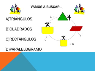 VAMOS A BUSCAR…
A)TRIÁNGULOS
B)CUADRADOS
C)RECTÁNGULOS
D)PARALELOGRAMO
A
C
B
D
 