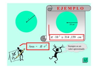 E J E M P L O
Área =
2
r⋅π
r
10 cm
22
159,31410 cm≅⋅π
Siempre es un
valor aproximado
 