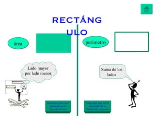RECTÁNG
                          ULO
área                                       perímetro



        Lado mayor                                       Suma de los
       por lado menor                                      lados




                  Pulsa aquí para ver el   Pulsa aquí para ver el
                     desarrollo de la         desarrollo de la
                    fórmula del área       fórmula del perímetro
 
