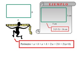 EJEMPLO

              b
                                                3 cm
a
                                 5 cm

                                  2·(5+3) = 16 cm




    Perímetro = a + b + a + b = 2·a + 2·b = 2·(a+b)
 
