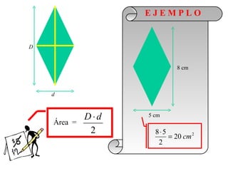 EJEMPLO


D


                            8 cm



    d



             D⋅d   5 cm
    Área =
              2      8⋅5
                         = 20 cm 2
                      2
 