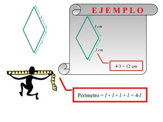 EJEMPLO
l

            3 cm


l
            3 cm



                      4·3 = 12 cm




    Perímetro = l + l + l + l = 4·l
 