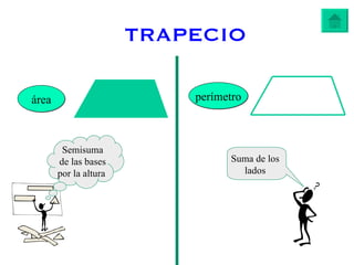 TRAPECIO

área                       perímetro



        Semisuma
       de las bases              Suma de los
       por la altura               lados
 
