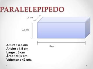 1,5 cm
3,5 cm
Altura : 3,5 cm 8 cm
Ancho : 1,5 cm
Largo : 8 cm
Área : 90,5 cm2
Volumen : 42 cm3