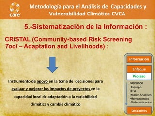 Metodología para el Análisis de Capacidades y
                  Vulnerabilidad Climática-CVCA

         5.-Sistematización de la Información :
CRiSTAL (Community-based Risk Screening
Tool – Adaptation and Livelihoods) :

                                                      Información

                                                       Enfoque
                                                        Proceso
 Instrumento de apoyo en la toma de decisiones para   •Alcance
                                                      •Equipo
  evaluar y mejorar los impactos de proyectos en la   •I+A
                                                      •Marco Analítico
    capacidad local de adaptación a la variabilidad   •Herramientas
                                                      •Sistematizacion
             climática y cambio climático
                                                       Lecciones
 