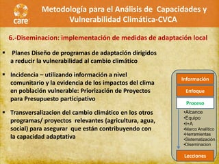 Metodología para el Análisis de Capacidades y
                   Vulnerabilidad Climática-CVCA

  6.-Diseminacion: implementación de medidas de adaptación local

 Planes Diseño de programas de adaptación dirigidos
  a reducir la vulnerabilidad al cambio climático

 Incidencia – utilizando información a nivel
                                                         Información
  comunitario y la evidencia de los impactos del clima
  en población vulnerable: Priorización de Proyectos      Enfoque
  para Presupuesto participativo
                                                          Proceso
 Transversalizacion del cambio climático en los otros   •Alcance
                                                         •Equipo
  programas/ proyectos relevantes (agricultura, agua,    •I+A
  social) para asegurar que están contribuyendo con      •Marco Analítico
                                                         •Herramientas
  la capacidad adaptativa                                •Sistematización
                                                         •Diseminacion

                                                          Lecciones
 