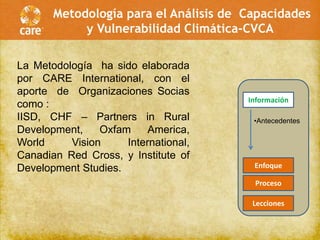 Metodología para el Análisis de Capacidades
            y Vulnerabilidad Climática-CVCA

La Metodología ha sido elaborada
por CARE International, con el
aporte de Organizaciones Socias
                                       Información
como :
IISD, CHF – Partners in Rural           •Antecedentes
Development,    Oxfam     America,
World     Vision     International,
Canadian Red Cross, y Institute of
Development Studies.                    Enfoque

                                        Proceso

                                        Lecciones
 