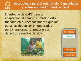 Metodología para el Análisis de Capacidades
          y Vulnerabilidad Climática-CVCA

El enfoque de CARE para la
adaptación al cambio climático está
fundado en el reconocimiento que las
personas deben ser empoderadas
para transformar y asegurar sus
                                        Informacion
derechos y medios de vida.
                                         Enfoque




                                          Proceso

           Sta Teresa-Cusco-2010/CARE    Lecciones
 