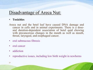Disadvantage of Areca Nut:
• Toxicities
Areca nut and the betel leaf have caused DNA damage and
cancer in cells and in animal experiments. There is a dose-
and duration-dependent association of betel quid chewing
with precancerous changes in the mouth as well as mouth,
throat, laryngeal, and esophageal cancer.
• oral submucous fibrosis
• oral cancer
• addiction
• reproductive issues, including low birth weight in newborns
21
 