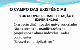 O CAMPO DAS EXISTÊNCIAS
OS CORPOS DE MANIFESTAÇÃO E
EXPERIÊNCIAS
O aspecto dinâmico dos universos criados
são os corpos de manifestações de
psiquismos e almas individualizadas
conscientes.
“Crescei e multiplicai-vos”
 