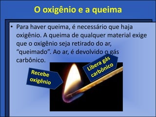 O oxigênio e a queima
• Para haver queima, é necessário que haja
oxigênio. A queima de qualquer material exige
que o oxigênio seja retirado do ar,
“queimado”. Ao ar, é devolvido o gás
carbônico.
 