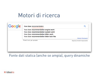 Motori di ricerca
Fonte dati statica (anche se ampia), query dinamiche
 