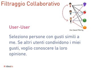 User-User
Seleziono persone con gusti simili a
me. Se altri utenti condividono i miei
gusti, voglio conoscere la loro
opinione.
Filtraggio Collaborativo
 