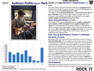 Audience Profile-Genre: Rock
Target Audience:
Gender and Age (Hartley’s 7 Subjectivities) and
why
The target audience would be primarily males with an average age of 22,
however to put the age in a group the males would be 17-24 year olds. The
main ethnicity would be British located in London.
The audience will like Rock and Indie music, being 5.5 times more likely to
go to a Rock gig and lots of famous gigs happen in London. The sort of
clothes the target audience would wear would be brands such as vans,
ripped or baggy jeans and dark colors such as black.
Socio-Economic Needs and why:
Most people are from group A,B and C1 with being higher management
such as doctors, middle management such as graphic designers and
teachers this demonstrates that the people reading are create therefore
like the creativity of Kerrang! magazine. Lastly, there is people who work in
jobs such as office supervisors, junior managers and nurses this means that
the people who buy the magazine have more money to spend on the
magazine as they have hard jobs.
Katz’ Uses & Gratifications Theory and Maslow’s
Hierarchy of needs
According to Katz’ Uses and Gratifications theory the audience can build a
‘personal relationship’ with my magazine as the readers can use it to fulfill
relationships with friends who also read the magazine or they could build a
relationship with an interview inside the magazine as they will be able to
relate to it. For example, peoples favorite band members they would be
able to build a relationship with them as they get to read most probably
about their life in an interview. Furthermore, the readers can also ‘divert’
as they can immerse themselves into the content inside the magazine and
they can be entertained by competitions such as winning tickets to gigs
which allows them to escape from everyday life situations such as work.
More so, according to Maslow the target audience would be ‘explorers’ as
they are influenced by social change. For example, if they see lots of people
wearing a band t-shirt then they will copy them and be influenced to fit in.
Stereotype(s):
Stereotypies associating to this genre are band t-shirts, men with of tattoos,
black clothing and they could play instruments like guitar and the drums.Name: Emily Vaughan
Candidate Number: 3147 Statistics from the national readership survey
 