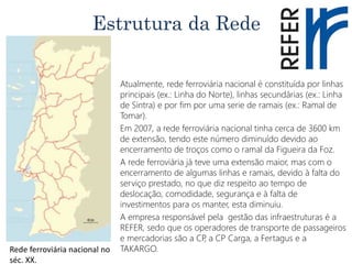 Estrutura da Rede
• Atualmente, rede ferroviária nacional é constituída por linhas
principais (ex.: Linha do Norte), linhas secundárias (ex.: Linha
de Sintra) e por fim por uma serie de ramais (ex.: Ramal de
Tomar).
• Em 2007, a rede ferroviária nacional tinha cerca de 3600 km
de extensão, tendo este número diminuído devido ao
encerramento de troços como o ramal da Figueira da Foz.
• A rede ferroviária já teve uma extensão maior, mas com o
encerramento de algumas linhas e ramais, devido à falta do
serviço prestado, no que diz respeito ao tempo de
deslocação, comodidade, segurança e à falta de
investimentos para os manter, esta diminuiu.
• A empresa responsável pela gestão das infraestruturas é a
REFER, sedo que os operadores de transporte de passageiros
e mercadorias são a CP, a CP Carga, a Fertagus e a
TAKARGO.Rede ferroviária nacional no
séc. XX.
 