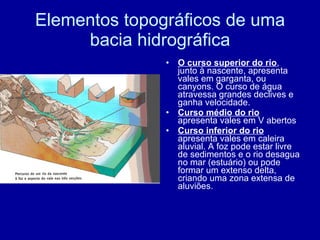 Elementos topográficos de uma bacia hidrográfica O curso superior do rio , junto à nascente, apresenta vales em garganta, ou canyons. O curso de água atravessa grandes declives e ganha velocidade. Curso médio do rio  apresenta vales em V abertos Curso inferior do rio  apresenta vales em caleira aluvial. A foz pode estar livre de sedimentos e o rio desagua no mar (estuário) ou pode formar um extenso delta, criando uma zona extensa de aluviões.  