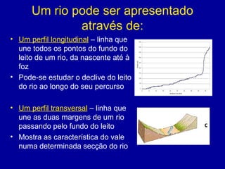 Um rio pode ser apresentado
através de:
• Um perfil longitudinal – linha que
une todos os pontos do fundo do
leito de um rio, da nascente até à
foz
• Pode-se estudar o declive do leito
do rio ao longo do seu percurso
• Um perfil transversal – linha que
une as duas margens de um rio
passando pelo fundo do leito
• Mostra as característica do vale
numa determinada secção do rio
 