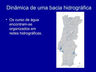 Dinâmica de uma bacia hidrográfica
• Os curso de água
encontram-se
organizados em
redes hidrográficas.
 