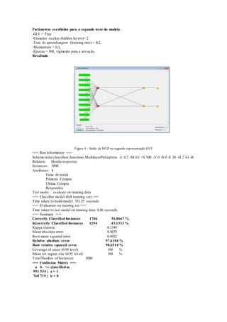 Parâmetros escolhidos para o segundo teste do modelo 
-GUI = True 
-Camadas ocultas (hidden layers)= 2 
-Taxa de aprendizagem (learning rate) = 0,2, 
-Momentum = 0,1, 
-Épocas = 500, sigmoide para a ativação. 
Resultado 
Figura 4 – Saída da MLP na segunda representação GUI 
=== Run information === 
Scheme:weka.classifiers.functions.MultilayerPerceptron -L 0.2 -M 0.1 -N 500 -V 0 -S 0 -E 20 -H 2 -G -R 
Relation: Honda respostas 
Instances: 3000 
Attributes: 4 
Faixa de renda 
Primeira Compra 
Ultima Compra 
Respondeu 
Test mode: evaluate on training data 
=== Classifier model (full training set) === 
Time taken to build model: 331.25 seconds 
=== Evaluation on training set === 
Time taken to test model on training data: 0.06 seconds 
=== Summary === 
Correctly Classified Instances 1706 56.8667 % 
Incorrectly Classified Instances 1294 43.1333 % 
Kappa statistic 0.1349 
Mean absolute error 0.4879 
Root mean squared error 0.4932 
Relative absolute error 97.6104 % 
Root relative squared error 98.6514 % 
Coverage of cases (0.95 level) 100 % 
Mean rel. region size (0.95 level) 100 % 
Total Number of Instances 3000 
=== Confusion Matrix === 
a b <-- classified as 
991 534 | a = 1 
760 715 | b = 0 
 