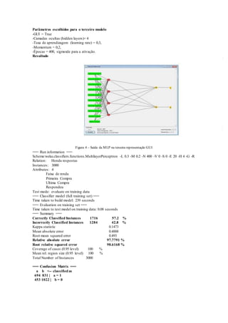 Parâmetros escolhidos para o terceiro modelo 
-GUI = True 
-Camadas ocultas (hidden layers)= 4 
-Taxa de aprendizagem (learning rate) = 0,3, 
-Momentum = 0,2, 
-Épocas = 400, sigmoide para a ativação. 
Resultado 
Figura 4 – Saída da MLP na terceira representação GUI 
=== Run information === 
Scheme:weka.classifiers.functions.MultilayerPerceptron -L 0.3 -M 0.2 -N 400 -V 0 -S 0 -E 20 -H 4 -G -R 
Relation: Honda respostas 
Instances: 3000 
Attributes: 4 
Faixa de renda 
Primeira Compra 
Ultima Compra 
Respondeu 
Test mode: evaluate on training data 
=== Classifier model (full training set) === 
Time taken to build model: 239 seconds 
=== Evaluation on training set === 
Time taken to test model on training data: 0.08 seconds 
=== Summary === 
Correctly Classified Instances 1716 57.2 % 
Incorrectly Classified Instances 1284 42.8 % 
Kappa statistic 0.1473 
Mean absolute error 0.4888 
Root mean squared error 0.493 
Relative absolute error 97.7791 % 
Root relative squared error 98.6168 % 
Coverage of cases (0.95 level) 100 % 
Mean rel. region size (0.95 level) 100 % 
Total Number of Instances 3000 
=== Confusion Matrix === 
a b <-- classified as 
694 831 | a = 1 
453 1022 | b = 0 
 