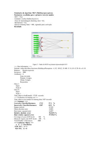 Simulações do algoritmo MLP (Multilayerperceptron). 
Parâmetros escolhidos para o primeiro teste do modelo: 
-GUI = True 
-Camadas ocultas (hidden layers)=a 
-Taxa de Aprendizagem (learning rate) = 0,3, 
-Momentum = 0,2, 
-Épocas (training time) = 600, sigmoide para a ativação. 
Resultado: 
Figura 3 – Saída da MLP na primeira representação GUI 
=== Run information === 
Scheme: weka.classifiers.functions.MultilayerPerceptron -L 0.3 -M 0.2 -N 600 -V 0 -S 0 -E 20 -H a -G -R 
Relation: Honda respostas 
Instances: 3000 
Attributes: 4 
Faixa de renda 
Primeira Compra 
Ultima Compra 
Respondeu 
Class 1 
Input 
Node 0 
Class 0 
Input 
Node 1 
Time taken to build model: 175.85 seconds 
=== Evaluation on training set === 
Time taken to test model on training data: 0.05 seconds 
=== Summary === 
Correctly Classified Instances 1713 57.1 % 
Incorrectly Classified Instances 1287 42.9 % 
Kappa statistic 0.1365 
Mean absolute error 0.4801 
Root mean squared error 0.4897 
Relative absolute error 96.0491 % 
Root relative squared error 97.9563 % 
Coverage of cases (0.95 level) 100 % 
Mean rel. region size (0.95 level) 100 % 
Total Number of Instances 3000 
=== Confusion Matrix === 
a b <-- classified as 
1158 367 | a = 1 
920 555 | b = 0 
 