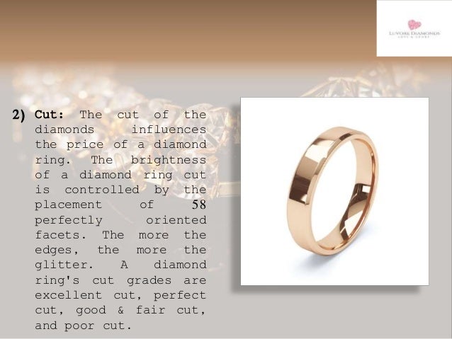 2) Cut: The cut of the
diamonds influences
the price of a diamond
ring. The brightness
of a diamond ring cut
is controlled by the
placement of 58
perfectly oriented
facets. The more the
edges, the more the
glitter. A diamond
ring's cut grades are
excellent cut, perfect
cut, good & fair cut,
and poor cut.
 