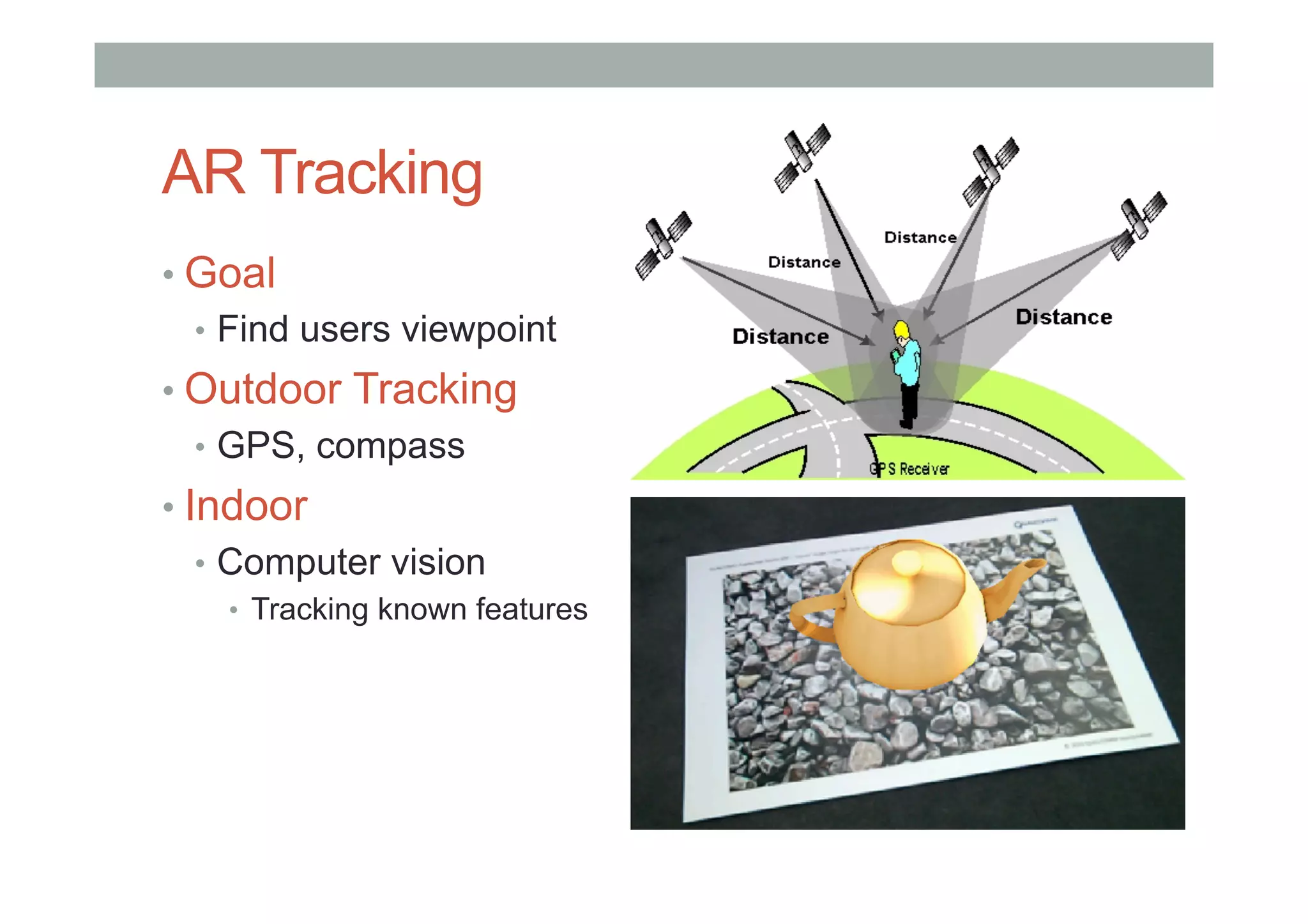 AR Tracking
• Goal
•  Find users viewpoint
• Outdoor Tracking
•  GPS, compass
• Indoor
•  Computer vision
•  Tracking known features
 