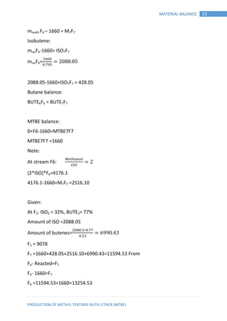 PRODUCTION OF METHYL TERTIARY BUTYL ETHER (MTBE)
23MATERIAL BALANCE
mmeth F6 – 1660 = M7F7
Isobutene:
misoF6-1660= ISO7F7
misoF6=
2088.05-1660=ISO7F7 = 428.05
Butane balance:
BUTE6F6 = BUTE7F7
MTBE balance:
0∗F6-1660=MTBE7F7
MTBE7F7 =1660
Note:
At stream F6:
(2*ISO)*F6=4176.1
4176.1-1660=M7F7 =2516.10
Given:
At F2: ISO2 = 32%, BUTE2= 77%
Amount of ISO =2088.05
Amount of butenes=
∗
F2 = 9078
F7 =1660+428.05+2516.10+6990.43=11594.53 From
F6- Reacted=F7
F6- 1660=F7
F6 =11594.53+1660=13254.53
 
