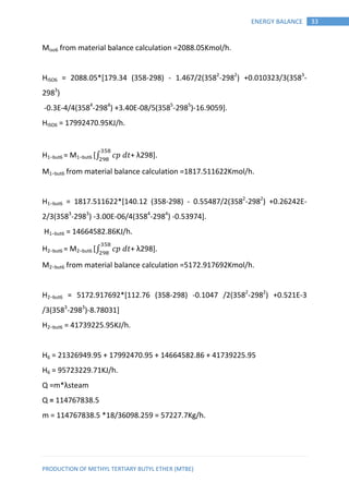 PRODUCTION OF METHYL TERTIARY BUTYL ETHER (MTBE)
33ENERGY BALANCE
Miso6 from material balance calculation =2088.05Kmol/h.
HISO6 = 2088.05*[179.34 (358-298) - 1.467/2(3582
-2982
) +0.010323/3(3583
-
2983
)
-0.3E-4/4(3584
-2984
) +3.40E-08/5(3585
-2985
)-16.9059].
HISO6 = 17992470.95KJ/h.
H1−but6 = M1−but6 [∫ 𝑝 𝑡+ λ298].
M1−but6 from material balance calculation =1817.511622Kmol/h.
H1−but6 = 1817.511622*[140.12 (358-298) - 0.55487/2(3582
-2982
) +0.26242E-
2/3(3583
-2983
) -3.00E-06/4(3584
-2984
) -0.53974].
H1−but6 = 14664582.86KJ/h.
H2−but6 = M2−but6 [∫ 𝑝 𝑡+ λ298].
M2−but6 from material balance calculation =5172.917692Kmol/h.
H2−but6 = 5172.917692*[112.76 (358-298) -0.1047 /2(3582
-2982
) +0.521E-3
/3(3583
-2983
)-8.78031]
H2−but6 = 41739225.95KJ/h.
H6 = 21326949.95 + 17992470.95 + 14664582.86 + 41739225.95
H6 = 95723229.71KJ/h.
Q =m*λsteam
Q = 114767838.5
m = 114767838.5 *18/36098.259 = 57227.7Kg/h.
 