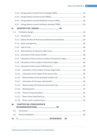 PRODUCTION OF METHYL TERTIARY BUTYL ETHER (MTBE)
IIITABLE OF CONTENTS
4.3.4. Energy balance around heat exchanger (E901): ...................................................32
4.3.5. Energy balance around reactor (R901):.................................................................34
4.3.6. Energy balance around distillation column (T901): ..............................................36
4.3.7. Energy balance around methanol absorber (T902): .............................................39
V. CHAPTER FIVE: DESIGN................................. 44
Distillation design:.....................................................................................................445.1.
5.1.1. Introduction:..........................................................................................................44
5.1.2. Collect the data of fluid to be distillated and distillated.......................................45
5.1.3. Heavy and light key:...............................................................................................46
5.1.4. Type of tray:...........................................................................................................46
5.1.5. Determination of minimum reflux ratio:...............................................................47
5.1.6. Calculation of the actual ratio(R)...........................................................................48
5.1.7. Calculation of the minimum number of theoretical stages: .................................48
5.1.8. Calculation of the number of theoretical stages:..................................................48
5.1.9. Calculation of the column efficiency (E˳): .............................................................49
5.1.10. Calculation of the number of actual stages (Na):..............................................49
5.1.11. Calculation of the height of the column (Ht):....................................................49
5.1.12. Determination of the feed plate location (m): ..................................................49
5.1.13. Calculation of the tower diameter(D):...............................................................50
5.1.14. Determination of fractional entrainment (ϕ):...................................................53
5.1.15. Weeping point: ..................................................................................................53
5.1.16. Pressure drop calculation: .................................................................................54
5.1.17. Down comer liquid back up: ..............................................................................55
5.1.18. Down comer residence time:.............................................................................56
VI. CHAPTER SIX: CONCLUSION &
RECOMMENDATIONS............................... 58
Conclusion:................................................................................................................586.1.
Recommendations: ...................................................................................................586.2.
VII. 7. ............................................................... REFERENCES 59
 