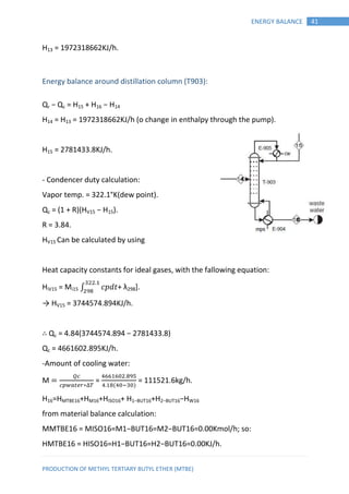 PRODUCTION OF METHYL TERTIARY BUTYL ETHER (MTBE)
41ENERGY BALANCE
H13 = 1972318662KJ/h.
Energy balance around distillation...