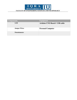 FACULTY OF ENGINEERING SCIENCES AND TECHNOLOGY
Components Equipment
LED Arduino UNO Board+ USB cable
Jumper Wires Personal Computer
Potentiometer
 