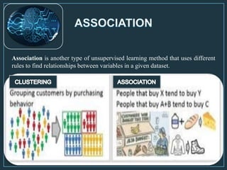 Association is another type of unsupervised learning method that uses different
rules to find relationships between variables in a given dataset.
 