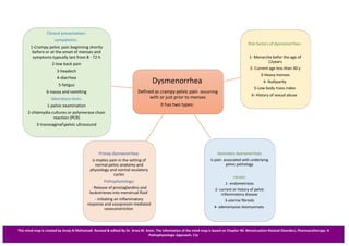 Dysmenorrhea
Defined as crampy pelvic pain occurring
with or just prior to menses
it has two types:
Primay dysmenorrhea:
is implies pain in the setting of
normal pelvic anatomy and
physiology and normal ovulatory
cycles
Pathophysiology:
- Release of prostaglandins and
leukotrienes into menstrual fluid
- initiating an inflammatory
response and vasopressin mediated
vasoconstriction
Secondary dysmenorrhea:
is pain associated with underlying
pelvic pathology
causes:
endometriosis1-
2- current or history of pelvic
inflammatory disease
3-uterine fibroids
4- adenomyosis leiomyomata
Risk factors of dysmenorrhea :
1- Menarche befor the age of
12years
2- Current age less than 30 y
3-Heavy menses
4- Nulliparity
5-Low body mass index
6- History of sexual abuse
Clinical presentation:
sympatoms::
1-Crampy pelvic pain beginning shortly
before or at the onset of menses and
symptoms typically last from 8 - 72 h
2-low back pain
3-headech
4-diarrhea
5-fatigus
6-nausa and vomiting
laboratory tests:
1-pelvic examination
2-chlamydia cultures or polymerase chain
reaction (PCR)
3-transvaginalpelvic ultrasound
This mind-map is created by Areej Al Mohamadi. Revised & edited By Dr. Arwa M. Amin. The information of the mind-map is based on Chapter 96: Menstruation-Related Disorders, Pharmacotherapy: A
Pathophysiologic Approach, 11e
Joseph T. DiPiro, Gary C. Yee, L. Michael Posey, Stuart T. Haines, Thomas D. Nolin, Vicki Ellingrod
 