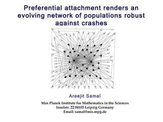 Preferential attachment renders an
evolving network of populations robust
against crashes
Areejit Samal
Max Planck Institute for Mathematics in the Sciences
Inselstr. 22 04103 Leipzig Germany
Email: samal@mis.mpg.de
 