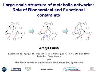 Large-scale structure of metabolic networks:
    Role of Biochemical and Functional
                constraints




                                Areejit Samal
  Laboratoire de Physique Théorique et Modèles Statistiques (LPTMS), CNRS and Univ
                                Paris-Sud, Orsay, France
                                          and
        Max Planck Institute for Mathematics in the Sciences, Leipzig, Germany


                                 Areejit Samal
 