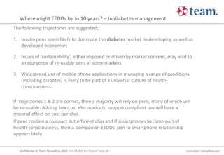 Where might EEDDs be in 10 years? – In diabetes management
The following trajectories are suggested;

1. Insulin pens seem likely to dominate the diabetes market in developing as well as
   developed economies

2. Issues of ‘sustainability’, either imposed or driven by market concern, may lead to
   a resurgence of re-usable pens in some markets

3. Widespread use of mobile phone applications in managing a range of conditions
   (including diabetes) is likely to be part of a universal culture of health-
   consciousness.

If trajectories 1 & 2 are correct, then a majority will rely on pens, many of which will
be re-usable. Adding low-cost electronics to support compliant use will have a
minimal effect on cost per shot.
If pens contain a compact but efficient chip and if smartphones become part of
health-consciousness, then a ‘companion EEDDs’ pen to smartphone relationship
appears likely


   Confidential © Team Consulting 2012: Are EEDDs the Future? slide 32               www.team-consulting.com
 