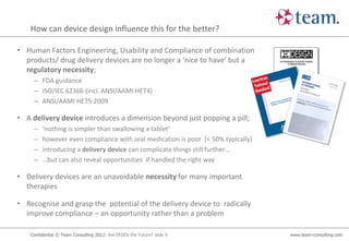 How can device design influence this for the better?

• Human Factors Engineering, Usability and Compliance of combination
  products/ drug delivery devices are no longer a ‘nice to have’ but a
  regulatory necessity;
     – FDA guidance
     – ISO/IEC 62366 (incl. ANSI/AAMI HE74)
     – ANSI/AAMI HE75:2009

• A delivery device introduces a dimension beyond just popping a pill;
     –   ‘nothing is simpler than swallowing a tablet’
     –   however even compliance with oral medication is poor (< 50% typically)
     –   introducing a delivery device can complicate things still further…
     –   …but can also reveal opportunities if handled the right way

• Delivery devices are an unavoidable necessity for many important
  therapies

• Recognise and grasp the potential of the delivery device to radically
  improve compliance – an opportunity rather than a problem

    Confidential © Team Consulting 2012: Are EEDDs the Future? slide 9            www.team-consulting.com
 
