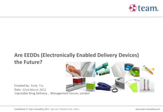 Are EEDDs (Electronically Enabled Delivery Devices)
the Future?


Created by: Andy Fry
Date: 22nd March 2012
Injectable Drug Delivery , Management Forum, London



Confidential © Team Consulting 2012: type your filename here, slide 1   www.team-consulting.com
 