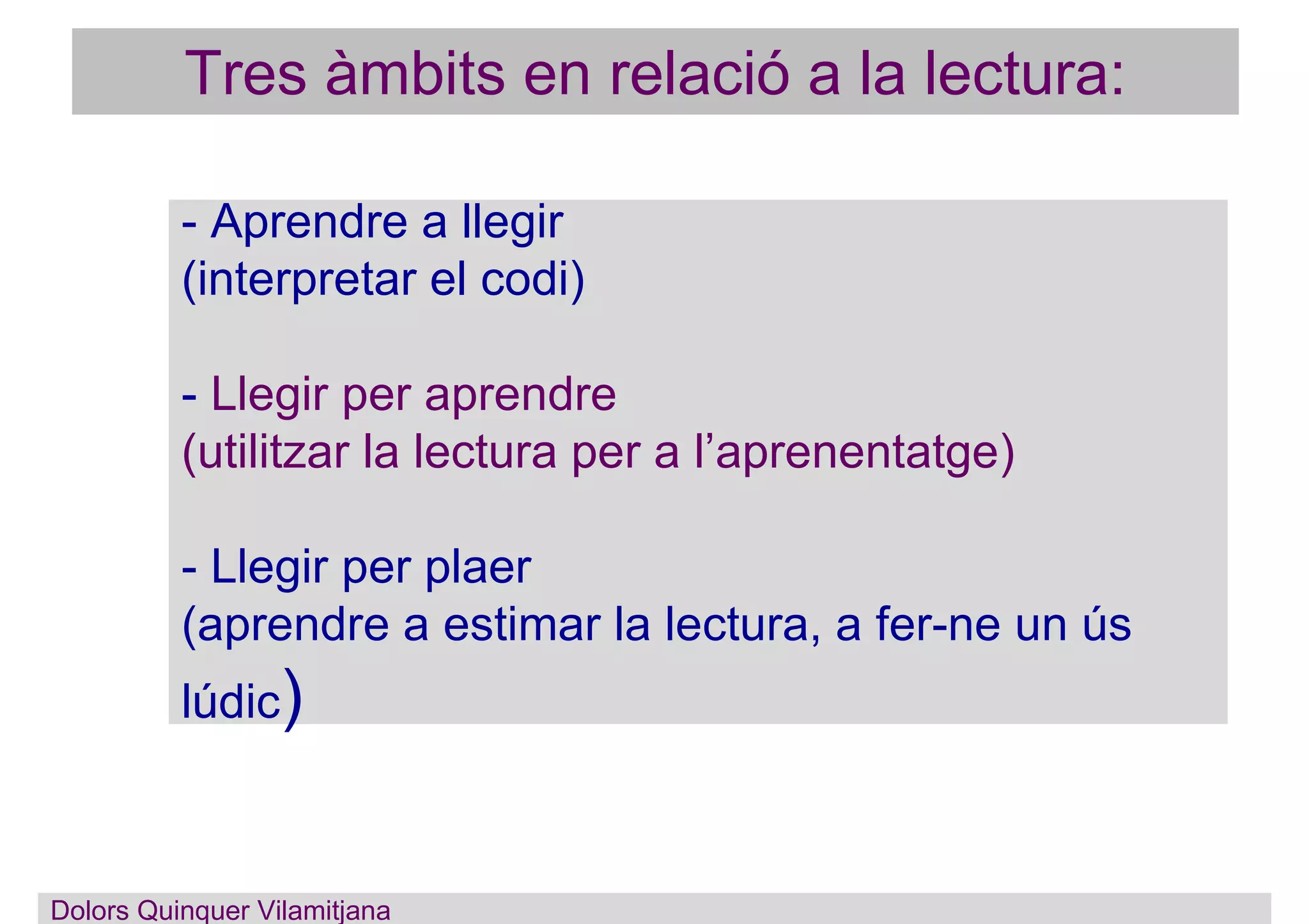 - Aprendre a llegir
(interpretar el codi)
- Llegir per aprendre
(utilitzar la lectura per a l’aprenentatge)
- Llegir per plaer
(aprendre a estimar la lectura, a fer-ne un ús
lúdic)
Dolors Quinquer Vilamitjana
Tres àmbits en relació a la lectura:
 