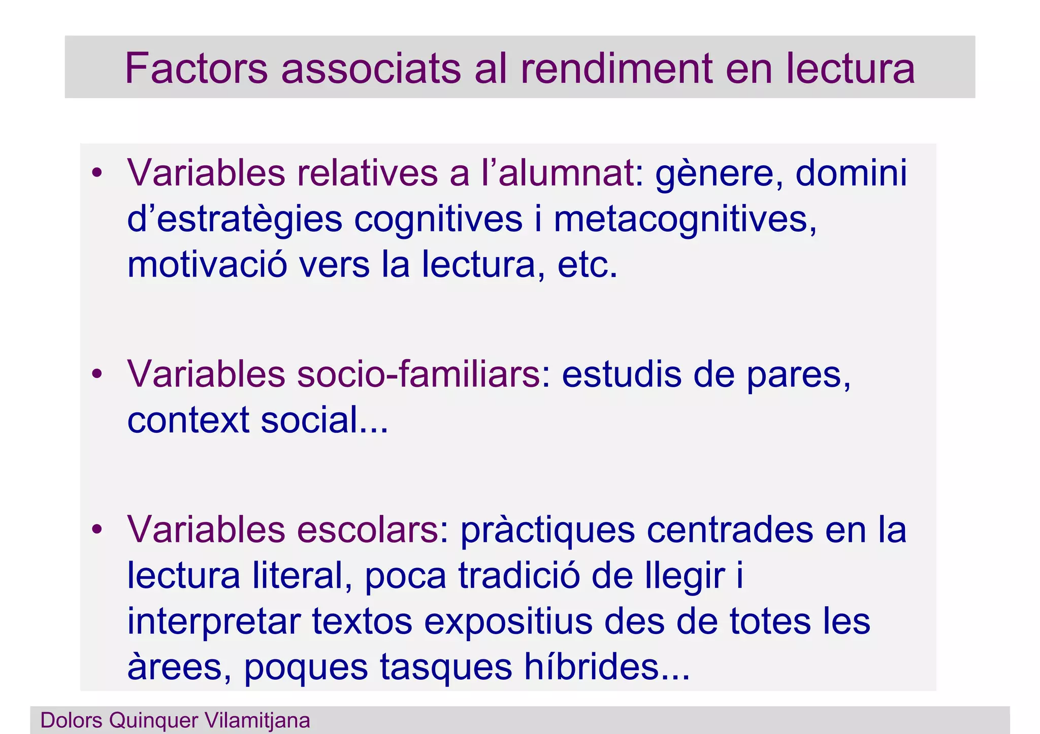 • Variables relatives a l’alumnat: gènere, domini
d’estratègies cognitives i metacognitives,
motivació vers la lectura, etc.
• Variables socio-familiars: estudis de pares,
context social...
• Variables escolars: pràctiques centrades en la
lectura literal, poca tradició de llegir i
interpretar textos expositius des de totes les
àrees, poques tasques híbrides...
Factors associats al rendiment en lectura
Dolors Quinquer Vilamitjana
 