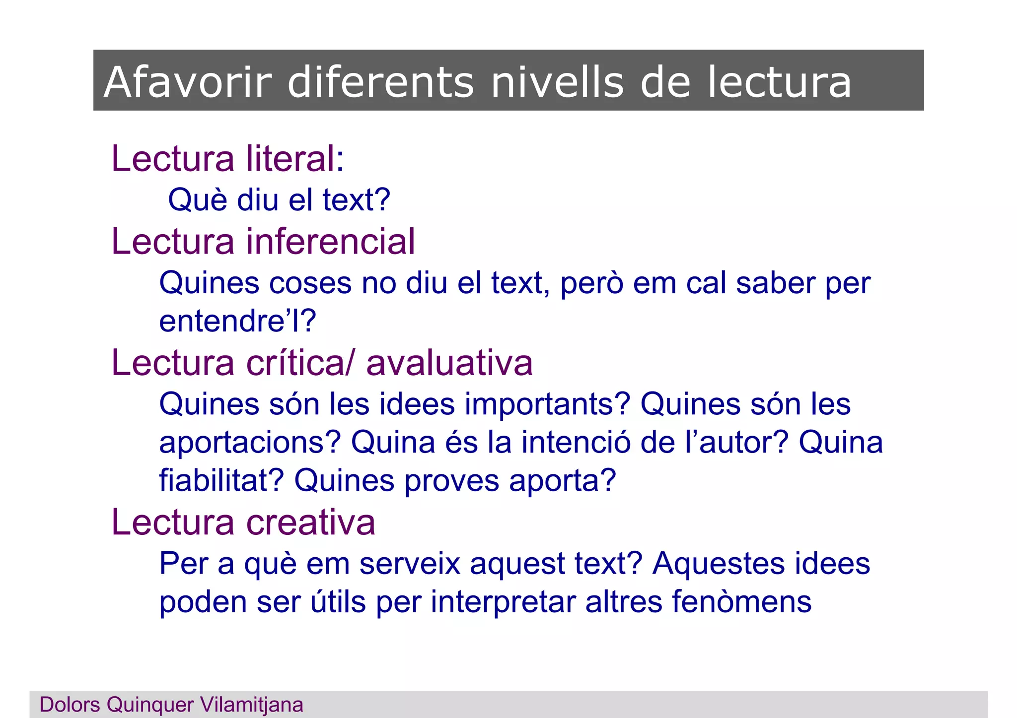 Lectura literal:
Què diu el text?
Lectura inferencial
Quines coses no diu el text, però em cal saber per
entendre’l?
Lectura crítica/ avaluativa
Quines són les idees importants? Quines són les
aportacions? Quina és la intenció de l’autor? Quina
fiabilitat? Quines proves aporta?
Lectura creativa
Per a què em serveix aquest text? Aquestes idees
poden ser útils per interpretar altres fenòmens
Afavorir diferents nivells de lectura
Dolors QuinquerDolors Quinquer Vilamitjana
 