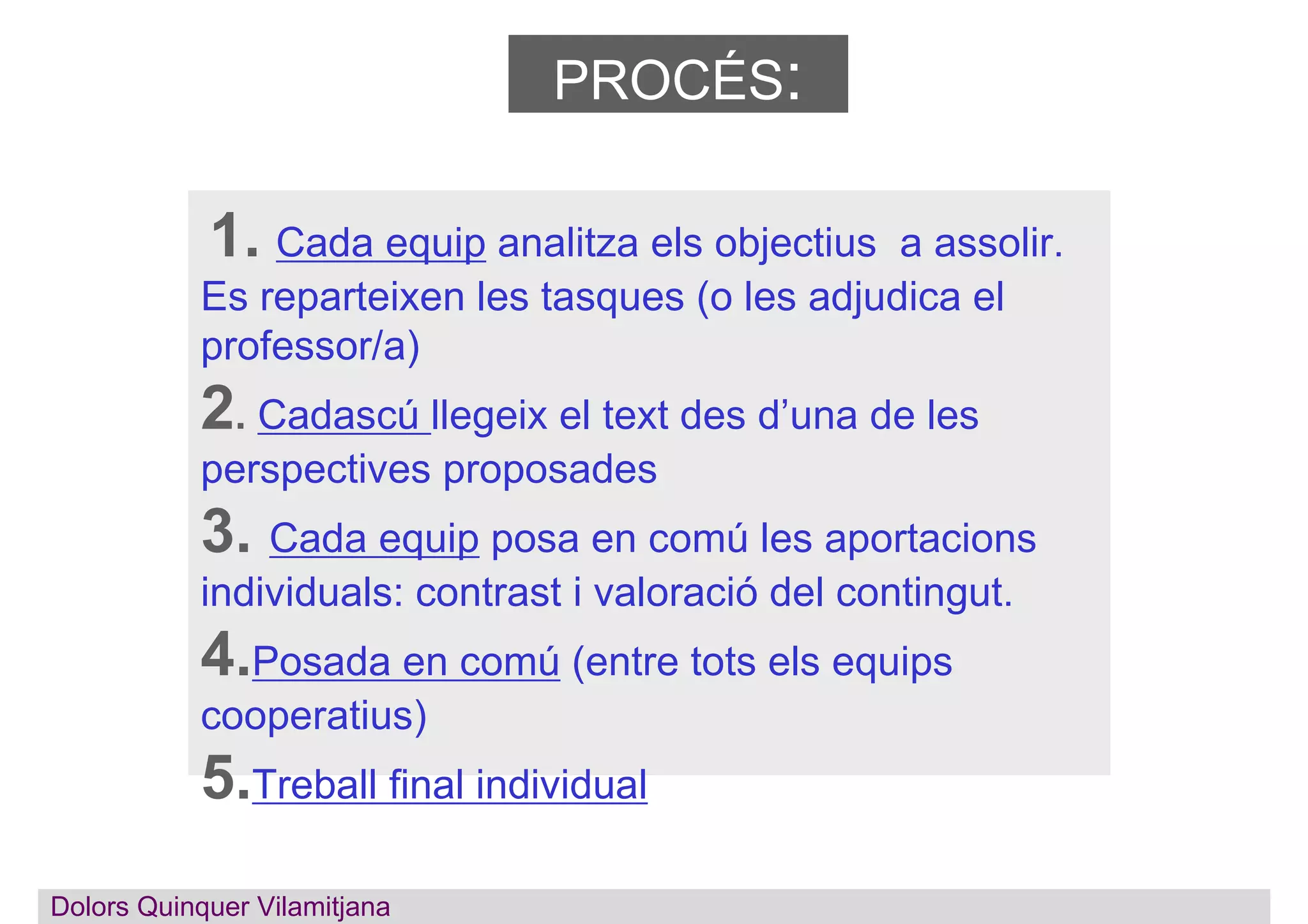 1. Cada equip analitza els objectius a assolir.
Es reparteixen les tasques (o les adjudica el
professor/a)
2. Cadascú llegeix el text des d’una de les
perspectives proposades
3. Cada equip posa en comú les aportacions
individuals: contrast i valoració del contingut.
4.Posada en comú (entre tots els equips
cooperatius)
5.Treball final individual
PROCÉS:
Dolors QuinquerDolors Quinquer Vilamitjana
 
