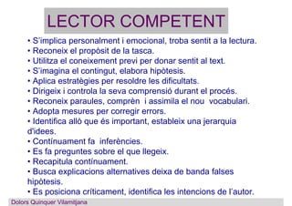 • S’implica personalment i emocional, troba sentit a la lectura.
• Reconeix el propòsit de la tasca.
• Utilitza el coneixement previ per donar sentit al text.
• S’imagina el contingut, elabora hipòtesis.
• Aplica estratègies per resoldre les dificultats.
• Dirigeix i controla la seva comprensió durant el procés.
• Reconeix paraules, comprèn i assimila el nou vocabulari.
• Adopta mesures per corregir errors.
• Identifica allò que és important, estableix una jerarquia
d'idees.
• Contínuament fa inferències.
• Es fa preguntes sobre el que llegeix.
• Recapitula contínuament.
• Busca explicacions alternatives deixa de banda falses
hipòtesis.
• Es posiciona críticament, identifica les intencions de l’autor.
• Identifica les característiques lingüístiques.
LECTOR COMPETENT
Dolors QuinquerDolors Quinquer Vilamitjana
 