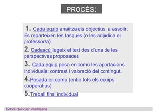 1. Cada equip analitza els objectius a assolir.
Es reparteixen les tasques (o les adjudica el
professor/a)
2. Cadascú lleg...