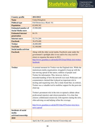 39
Country profile 2011/2012
Name United Kingdom
Political type Full Democracy (Rank 18)
Population 62,698,362
Estimated number of
Social Media users
25,900,000
Estimated internet
penetration
84.1%
Internet users 52,731,209
Facebook 30,470,400
Twitter 26,000,000
YouTube 32,100,000
Social media activism
Facebook Along with the other social media, Facebook came under the
government’s spotlight after it was said to be a key tool for
rioters to organise the unrest in 2011.
http://www.guardian.co.uk/media/2012/mar/28/uk-riots-twitter-
facebook
Twitter A seminal moment for Twitter was the England riots. While the
mainstream media organisations struggled to keep up with the
fast-moving spread of the unrest, millions of people used
Twitter for information. This, however, led to a
misunderstanding of how the network was used. Politicians and
commentators claimed that it played an important role in
inciting and organising riots, but a study found that, in contrast,
Twitter was a valuable tool to mobilise support for the post-riot
clean-up.
Twitter's prominent role in the riots re-opened a debate about
professional reporters and citizen journalists. It is clear that
citizens collaborated extensively with reporters during the riots,
often advising on and helping refine the coverage.
http://www.guardian.co.uk/uk/2011/dec/07/twitter-riots-how-
news-spread
Incidents of social
media
activism/censorship
2010
April, the U.K. passed the Internet Censorship and
 
