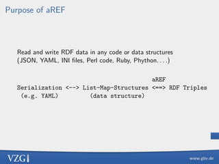 Purpose of aREF

Read and write RDF data in any code or data structures
(JSON, YAML, INI ﬁles, Perl code, Ruby, Phython. . . .)
aREF
Serialization <--> List-Map-Structures <==> RDF Triples
(e.g. YAML)
(data structure)

 