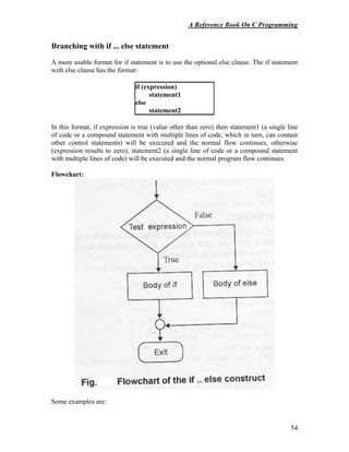 A Reference Book On C Programming
54
Branching with if ... else statement
A more usable format for if statement is to use the optional else clause. The if statement
with else clause has the format:
if (expression)
statement1
else
statement2
In this format, if expression is true (value other than zero) then statement1 (a single line
of code or a compound statement with multiple lines of code, which in turn, can contain
other control statements) will be executed and the normal flow continues, otherwise
(expression results to zero), statement2 (a single line of code or a compound statement
with multiple lines of code) will be executed and the normal program flow continues.
Flowchart:
Some examples are:
 